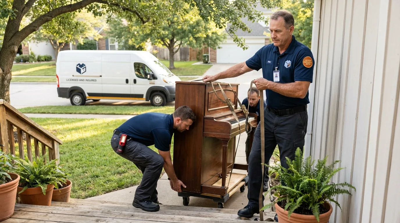 Licensed piano movers securing grand piano in Steelville, MO