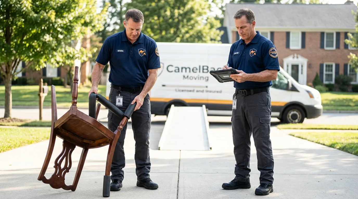 Movers inspecting furniture for damage prevention before loading in Steelville, MO