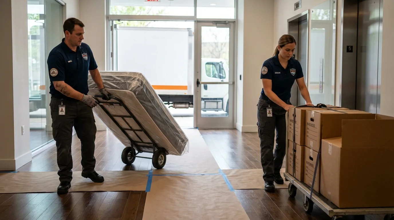 Professional apartment movers loading elevator in Steelville, MO