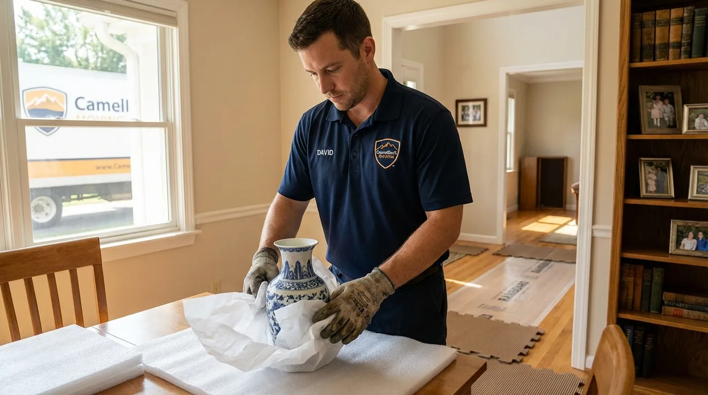 Professional crew carefully wrapping antique vase for senior downsizing move in Steelville, MO